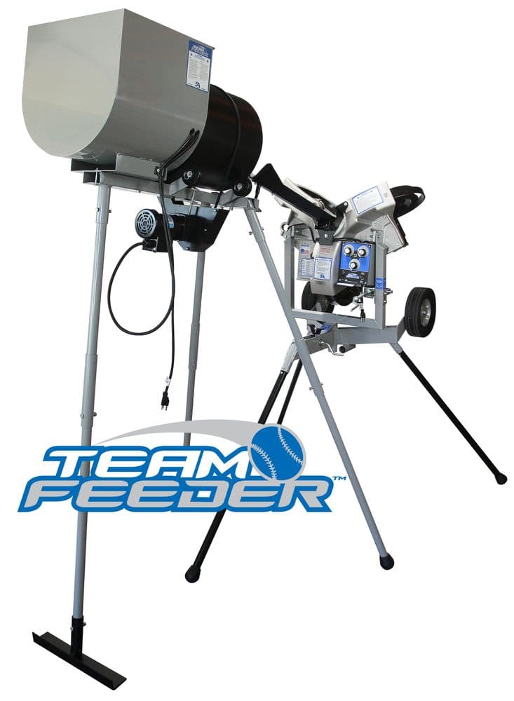 Sports Attack Team Feeder ball hopper mounted above a Hack Attack machine