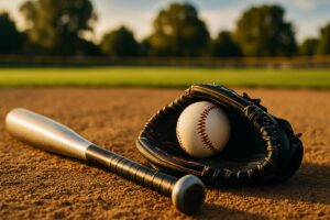 A close-up of a well-worn baseball glove and bat resting on the field under warm sunlight, symbolizing hard work and hustle