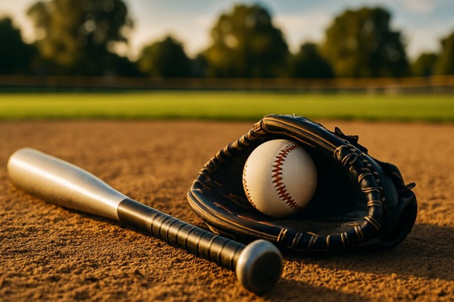 A close-up of a well-worn baseball glove and bat resting on the field under warm sunlight, symbolizing hard work and hustle